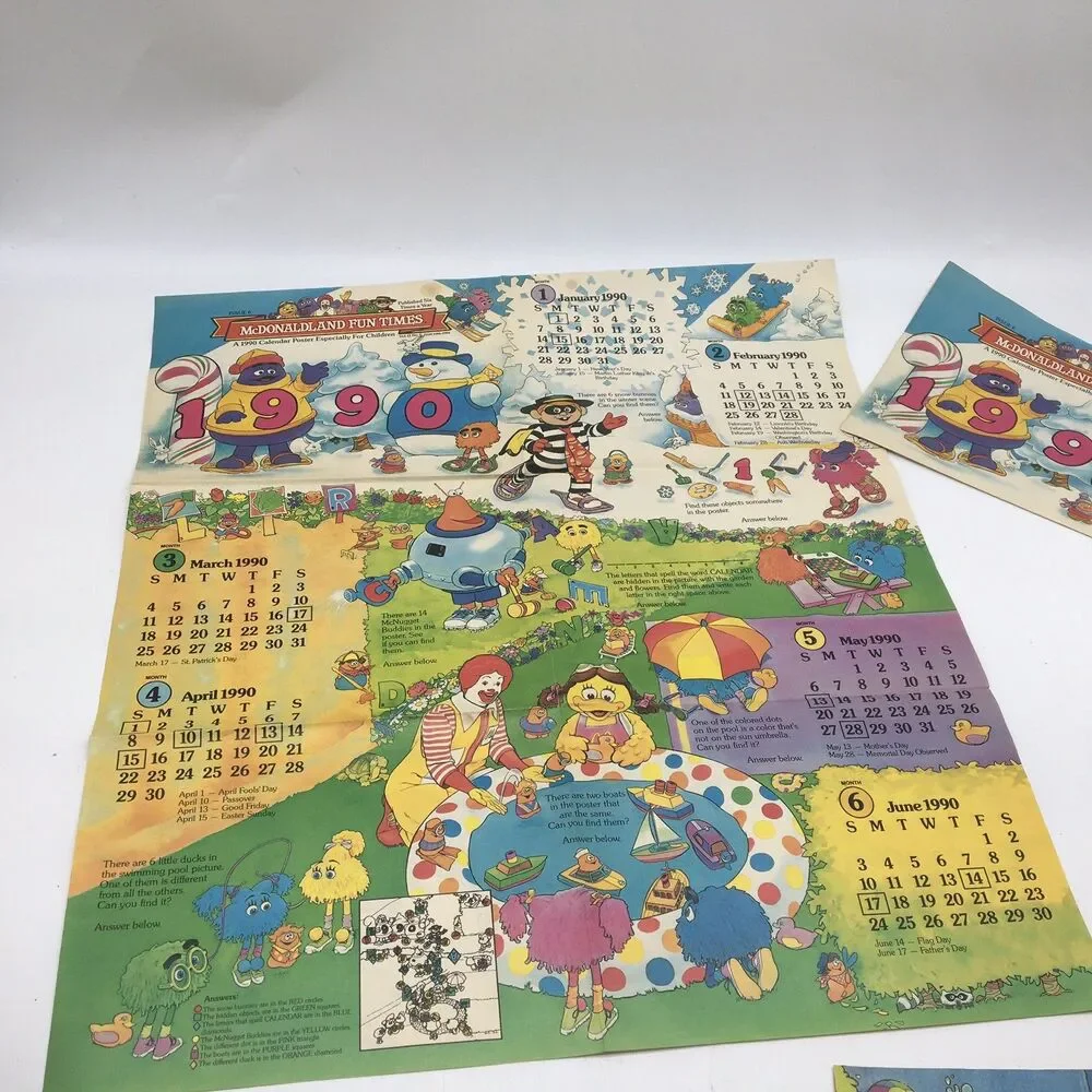 McDonald McDonaldLand Fun Times 1990s Calendar Fold Out Paper Poster + Postcards